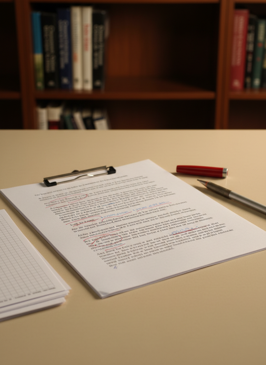 A close-up, photographic shot of a graded essay packet, paper clipped at the corner, resting on a smooth, neutral-toned desk surface. The top page shows lines of black printed text with scattered red and blue markings, underlines, and circles, all deliberately blurred so individual words cannot be read. Around the packet sit an uncapped red pen, a slim mechanical pencil, and a small stack of blank rubric sheets. In the softly blurred background, a bookshelf with composition guides and grammar handbooks suggests a higher-education context. Warm desk lamp light falls across the paper, creating subtle shadows and a focused, reflective atmosphere, evoking the careful evaluation and feedback process in college writing courses at UF.