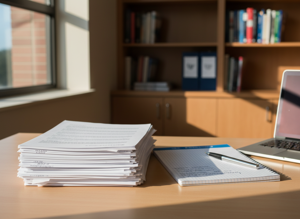 A neat stack of printed writing assignments on crisp white paper, each page marked with clear black text and margin annotations, rests on a light wood instructor’s desk. Beside the stack sits an open college-ruled notebook, a smooth metal pen, and a sleek laptop partly visible, its screen casting a gentle glow. The scene is set in a quiet university office with built-in bookshelves and organized folders in the softly blurred background. Late afternoon natural light filters through a nearby window, creating soft shadows and a calm, studious atmosphere. Photographic realism, eye-level composition with a slight angle across the desk, sharp focus on the papers, and a subtly blurred academic environment to suggest professional, course-specific writing work at UF.