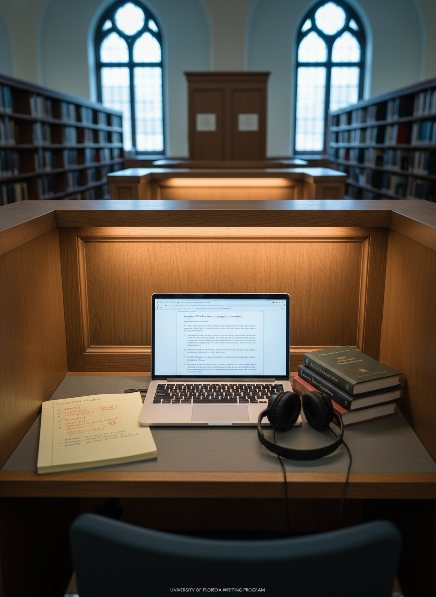 A quiet study nook in a university library, captured in photographic realism, featuring a single wooden carrel with high side panels for privacy. On the desk surface lies an open laptop with an essay document interface, an outline scribbled on a yellow legal pad, and a printed assignment sheet highlighted and annotated. A pair of noise-cancelling headphones rests beside a compact stack of reference books on writing and research. Soft, indirect overhead lighting combines with cool daylight filtering from distant windows, creating a balanced, contemplative glow. Shot from a slightly elevated angle using the rule of thirds, the composition emphasizes the workspace and its materials while the library shelves in the background fade into gentle blur, conveying focused, independent work on UF writing assignments.