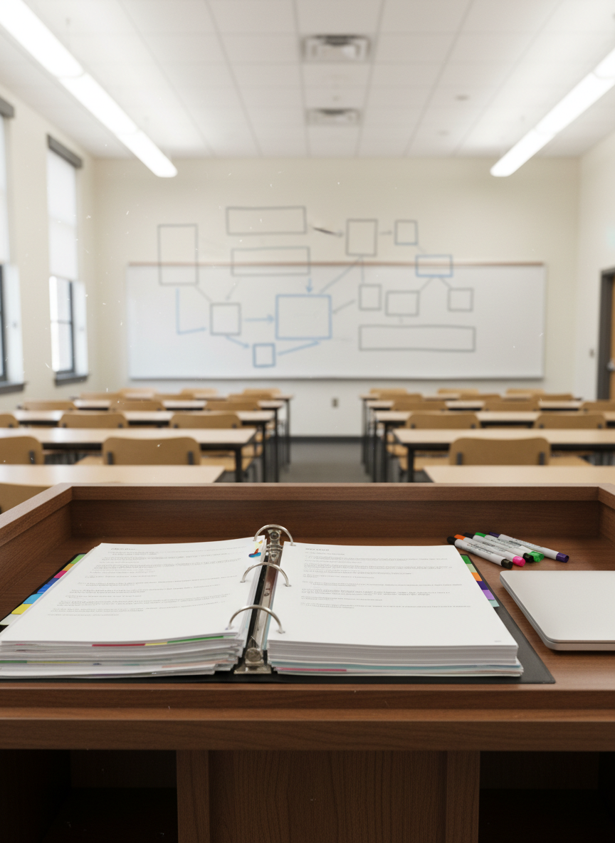 A front-of-classroom perspective showing a large whiteboard filled with faint, partially erased outlines of an essay structure, arrows, and boxes, all intentionally blurred so no words are legible. In the foreground, a sturdy lectern holds an open three-ring binder stuffed with printed writing assignment sheets and neatly tabbed sections. On the side of the lectern sit a closed laptop and a set of fine-tipped markers. The classroom features orderly rows of empty desks and chairs receding into soft focus. Bright but gentle overhead lighting combines with indirect daylight from high windows, creating an inviting yet professional academic mood. Photographic realism, slightly wide-angle composition that centers the lectern, symbolizing instructor-owned course materials for UF writing assignments.