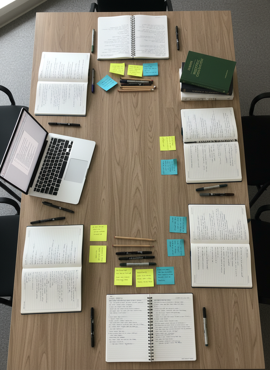 An overhead, photographic view of a large wooden seminar table covered with writing tools: several open spiral notebooks filled with dense, handwritten paragraphs, color-coded sticky notes, smooth pencils and pens, and a couple of slim textbooks on rhetoric and composition. A laptop sits off to one side displaying a document interface without readable text, its screen reflected faintly on the polished surface. The setting feels like a UF classroom or instructor’s workspace, with a muted, scholarly color palette of tans, grays, and deep greens. Soft, diffused daylight from an unseen window illuminates the table evenly, minimizing harsh shadows and creating a focused, productive mood. Clean, modern academic aesthetic, with sharp detail across the entire frame to emphasize organization and serious study.